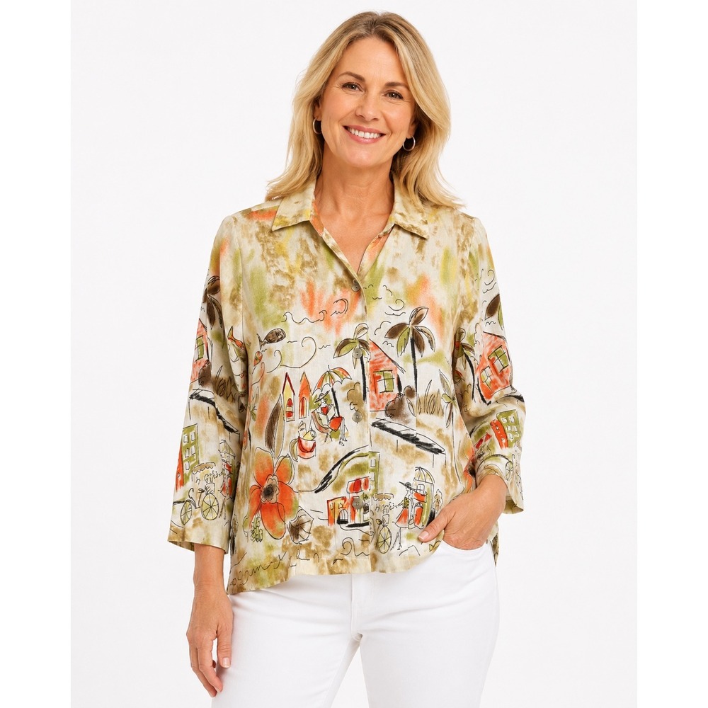 Christopher & Banks Womens Medium Beach Novelty Print Linen Blend‎ Button Up